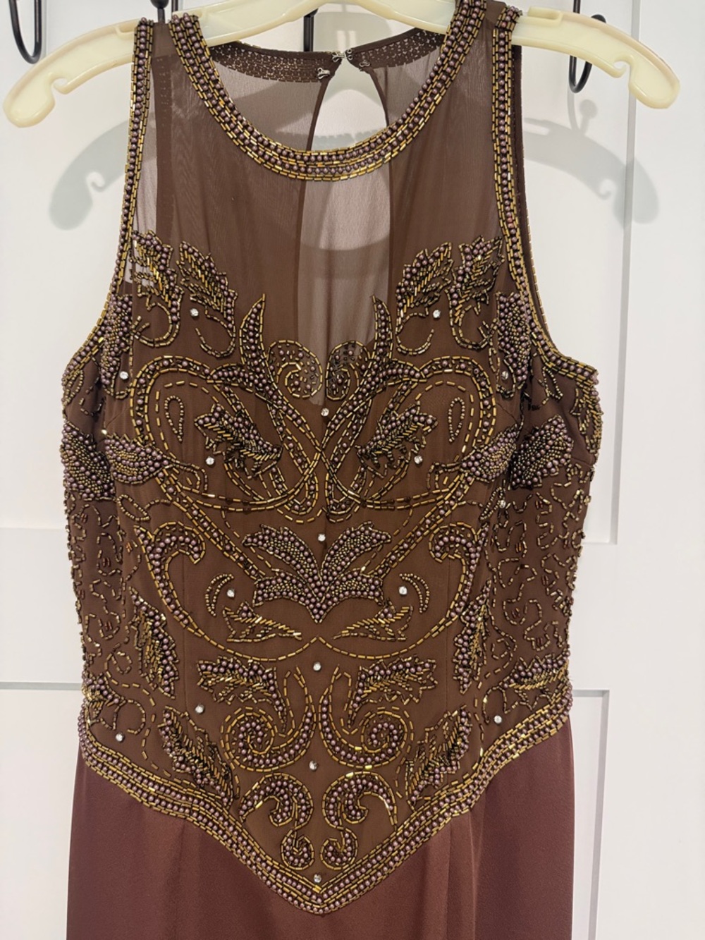 Michelangelo Brown Beaded Mesh Evening Gown